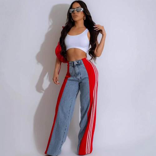 2025 Summer Fashion Splicing Three Stripes Wide Leg Denim