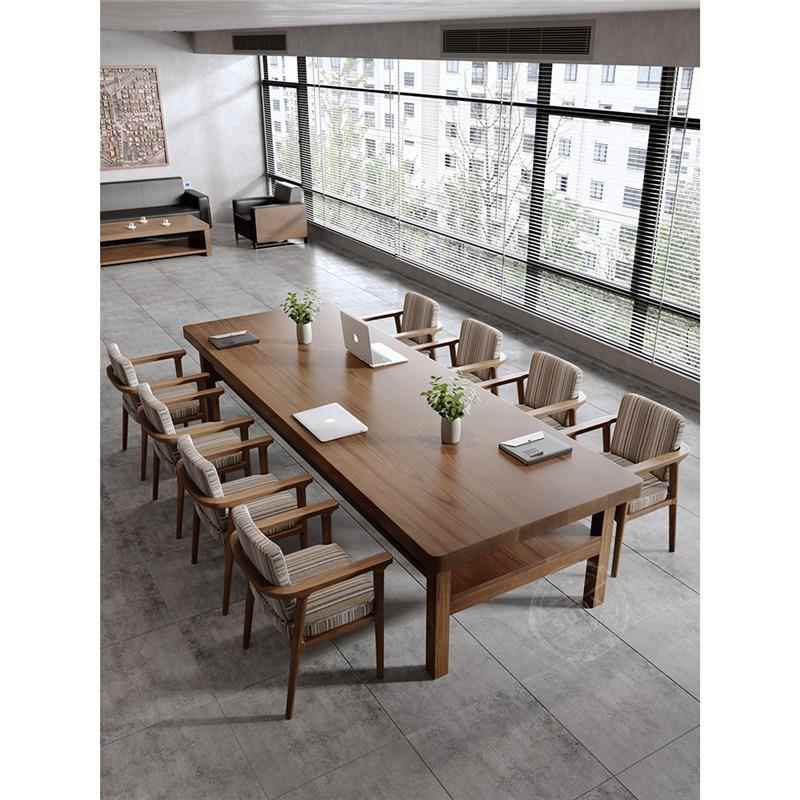 实木带双层板会议桌长桌简约现代公司长条工作台电脑办公桌椅组合