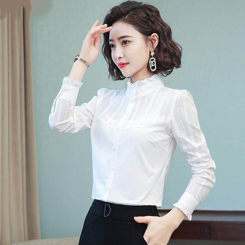 衬衫女长袖2025春秋新款白色纯棉立领木耳打底衫百搭上衣气质衬衣