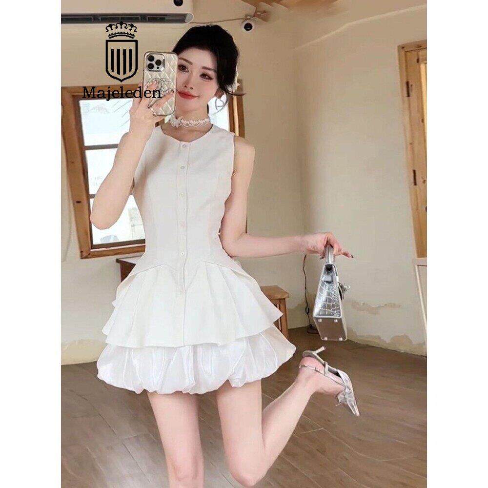 正品2026夏季白色收腰显瘦套装女无袖气质马甲连衣裙两件套小个子