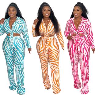 Pants set, pit stripe print, exposed navel set, women's