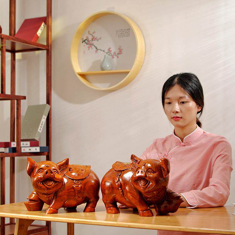 花梨木雕福猪摆件十二生肖可爱猪家居补角吉祥物风水装饰手工艺品
