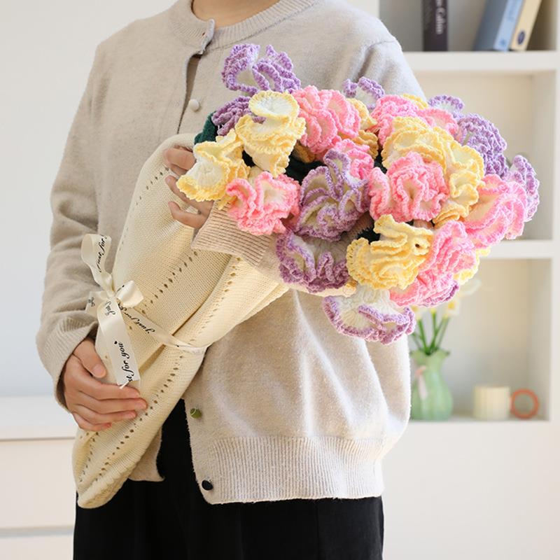 康乃馨花束毯子成品办公室午睡花毯手工编织毛线团花朵毛毯花现货