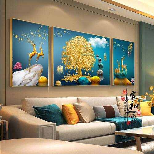 现代简约客厅装饰画沙发背景墙挂画高档大气晶瓷镶钻款轻奢三联画