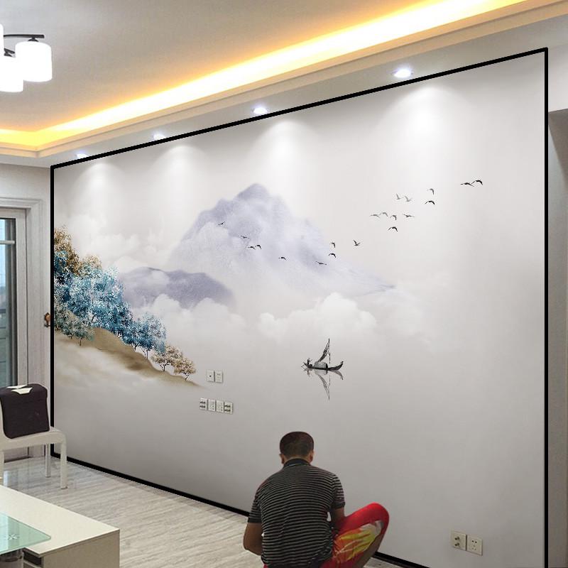 新中式山水客厅沙发电视背景墙壁纸水墨意境茶室酒店民宿卧室壁画