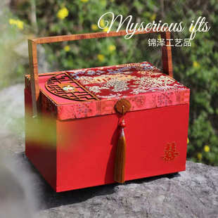 中式聘礼手提篮彩礼钱盒子复古礼金盒提亲订婚结婚喜糖礼盒红色