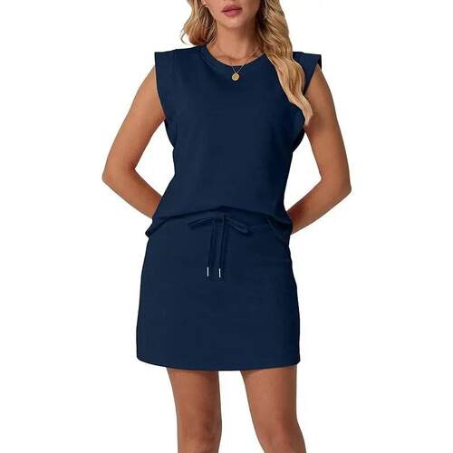 Women'S Round Neck Flutter Sleeve Top Casual High Waisted