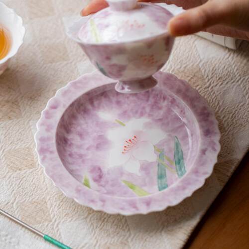 弥言手绘百合花陶瓷壶承家用干泡盘小茶台茶道配件花口茶点盘茶盘