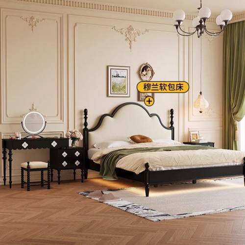 法式复古黑色梳妆台斗柜一体卧室小BTP伸型约户现简代缩贝壳化妆