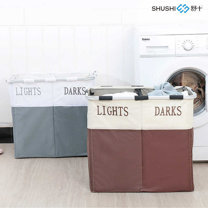 折叠支撑铝架置物篮牛津布收纳脏衣桶防潮绣花拼色双格洗衣篮便携,收纳整理,脏衣篮,淘宝优惠券,粉丝福利购,淘宝优惠卷