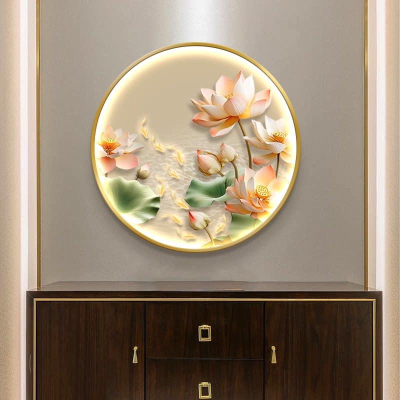 新中国风荷花九鱼图入口装饰画圆形夜光挂画无障碍豪华走廊过道餐