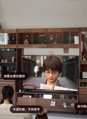 北美胡柜桃木满墙电视餐边柜收纳储物展示客柜餐厅一体91097黑电