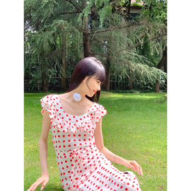 boamarket红色波点连衣裙，女夏季高级感荷叶边收腰显瘦长裙子