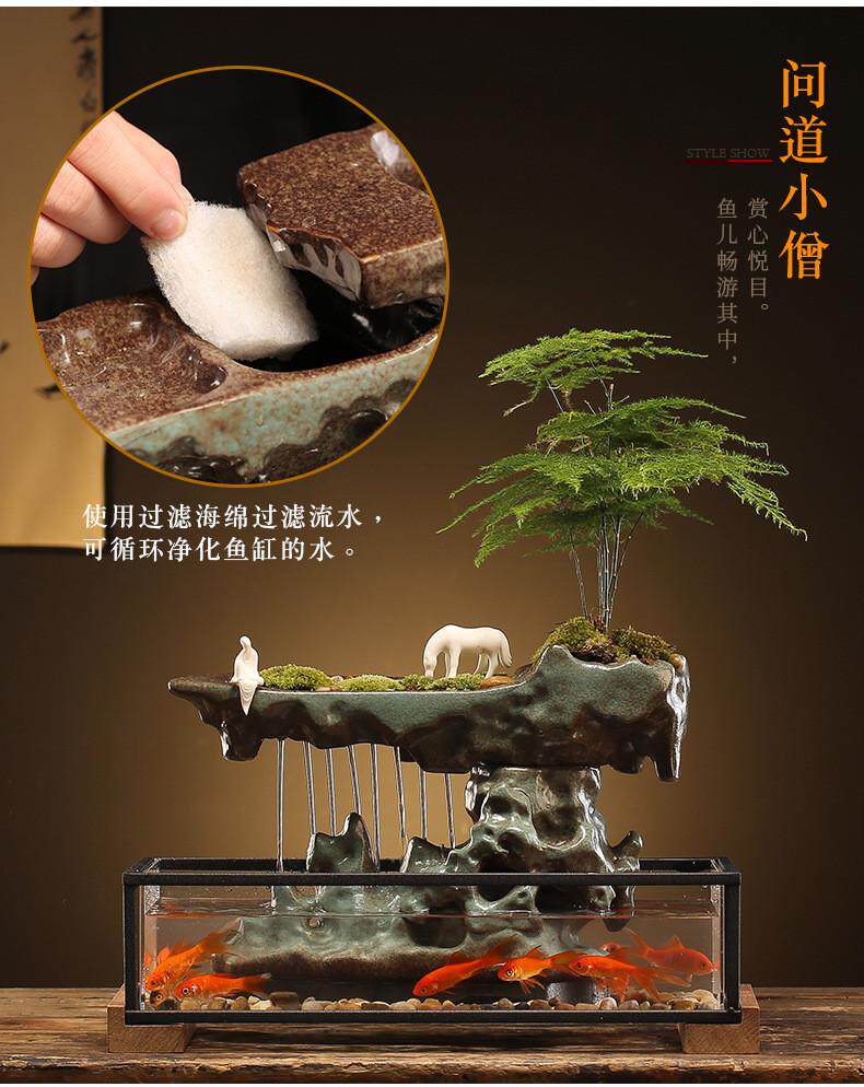 Декорации водные 循环流水器生财客厅创意摆件办公室小型鱼缸桌面景观招财开业礼品