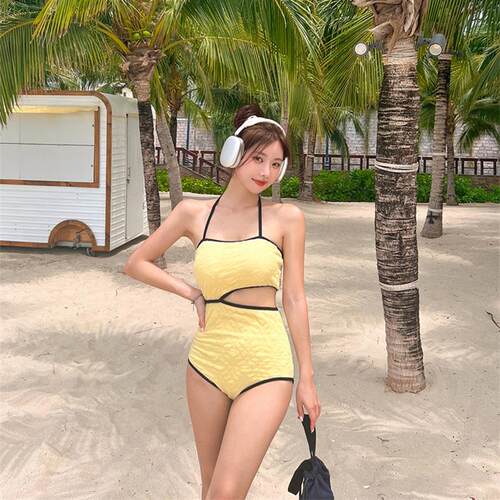 Goose yellow one-piece swimsuit, women's towel cloth, neck
