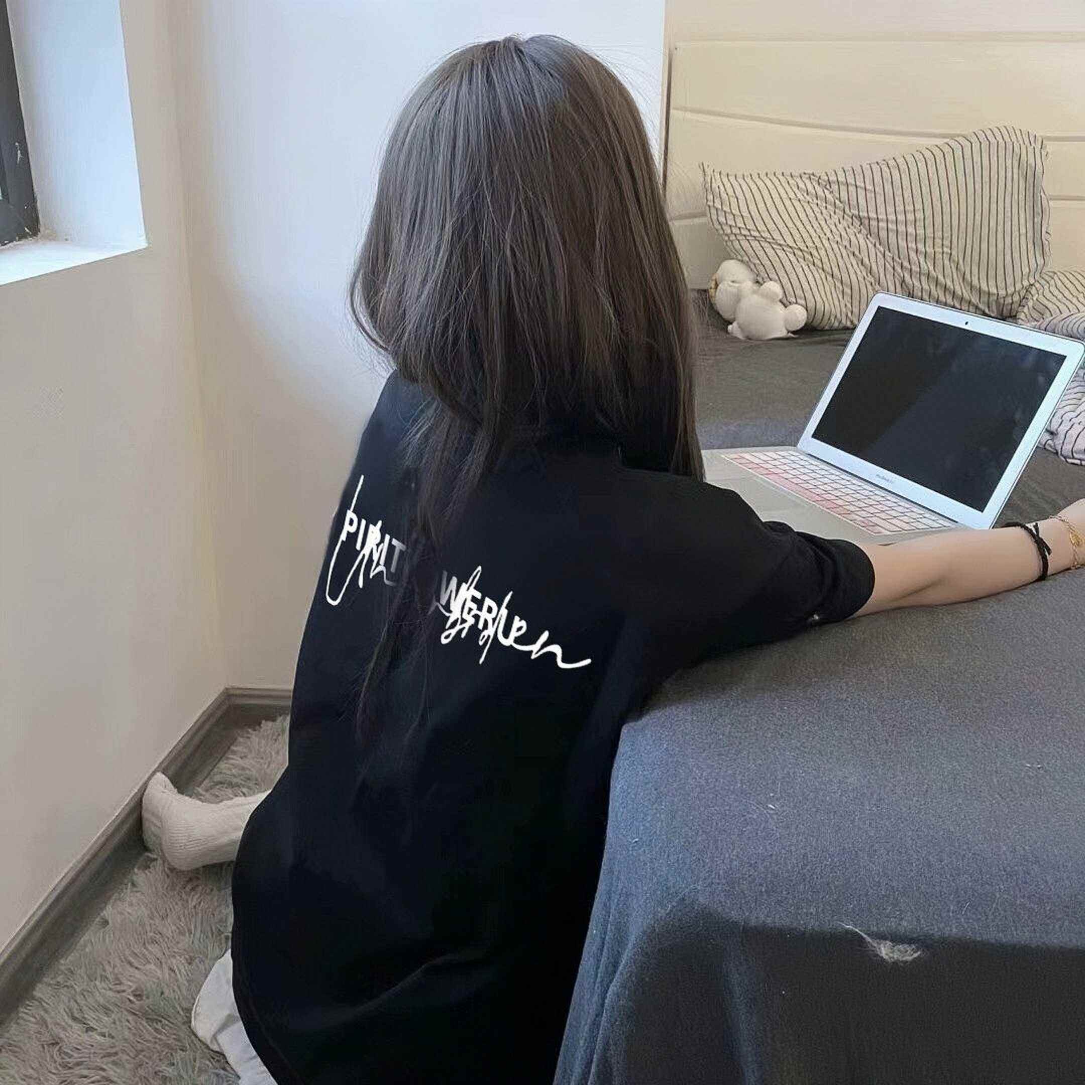 黑色纯棉短袖t恤少女大童夏季2025新款初中学生宽松潮牌半袖上衣