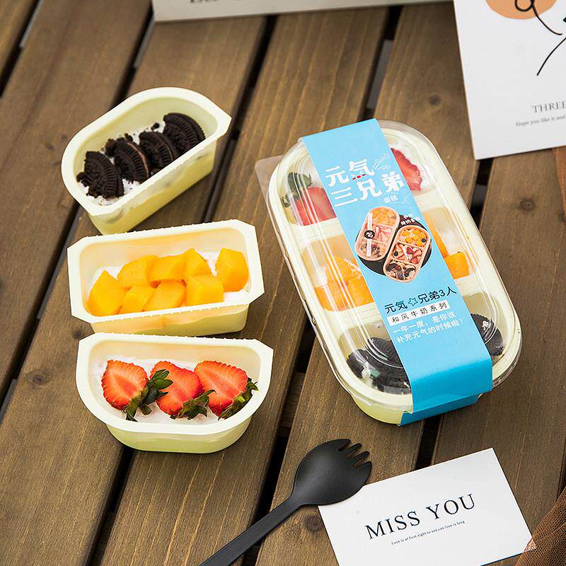 网红元气三兄弟包装盒便当透明三格水果千层慕斯一次性蛋糕盒子