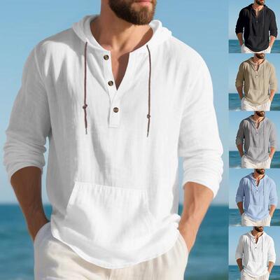 Men Spring Autumn Linen Hooded Pullover Sweatshirt Kangaroo