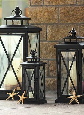 简约现代风格玻璃风灯 海伦软装复古风提灯 黑刷锈系列铁艺玻璃提