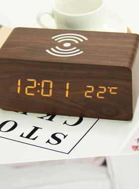 厂家ELD电子闹钟创意数字钟无线FEO充闹声控唤醒钟温度款木钟