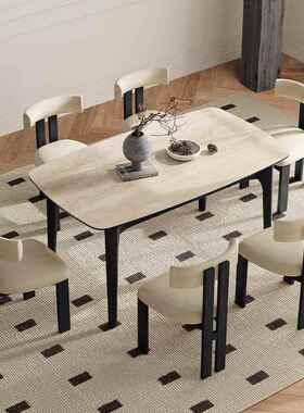 V法式5复古CZ-669洞石岩板可伸缩餐桌简约圆变折方家用小户型叠餐