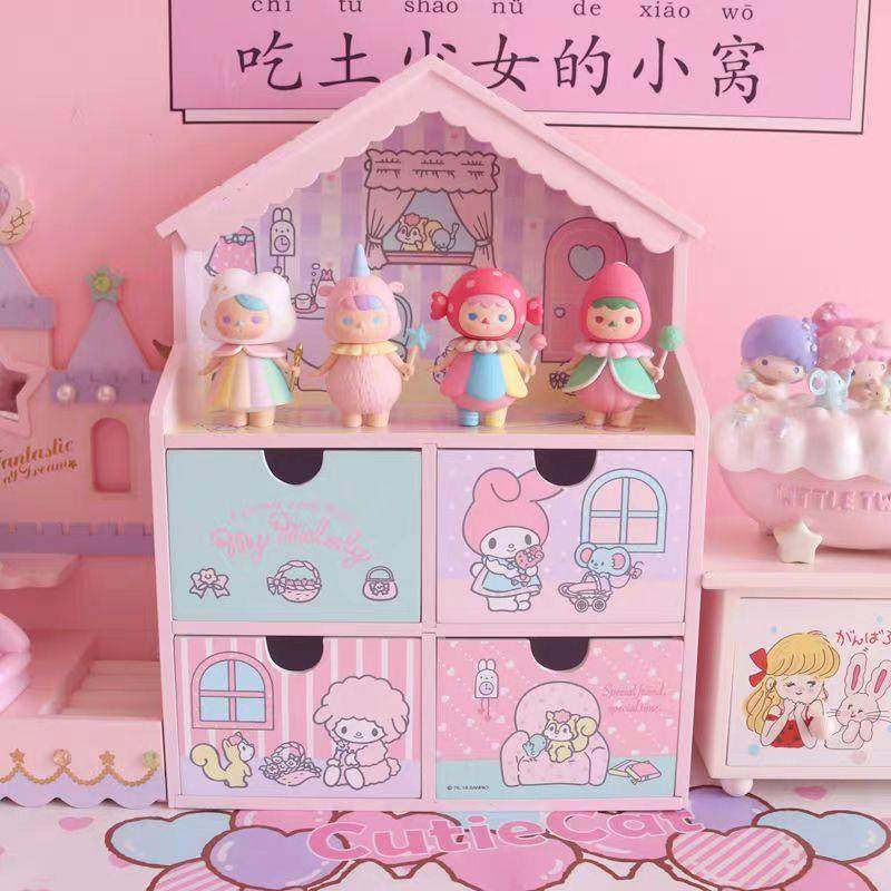 美乐蒂melody收纳盒卡通可爱少女心房子造型抽屉展示架木质储物柜