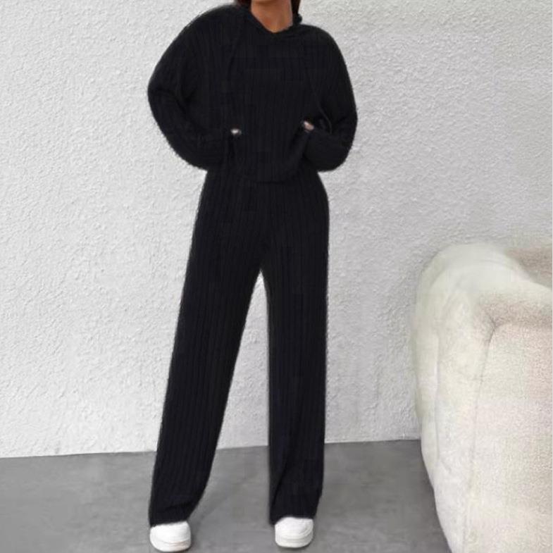 Set Pants Sleeve Long Loose Sweater Hooded Striped Knitted