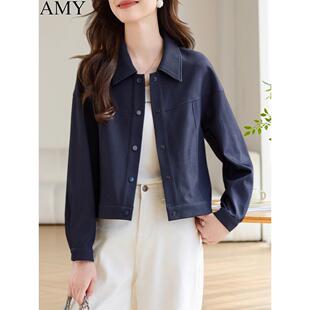 休闲覆盖腹部宽松夹克顶部时尚 利基工作服装 翻领牛 服装 2025新秋季