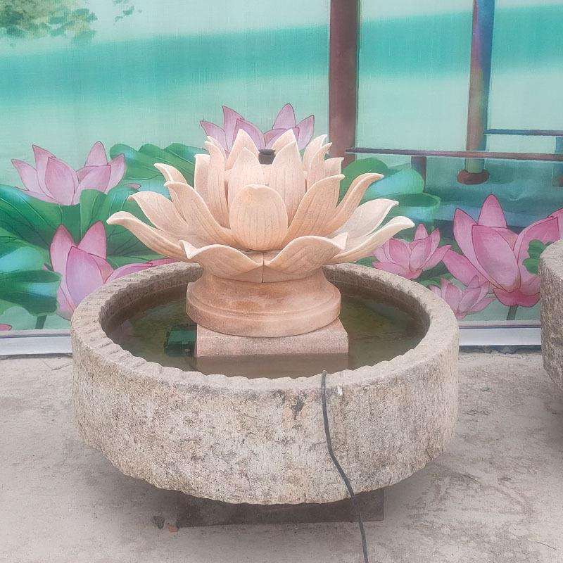 石雕莲花大理石晚霞红喷水荷花喷泉酒店门厅鱼池装饰景观雕刻摆件