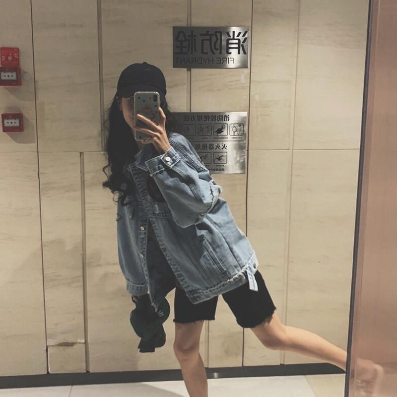 极速破洞牛仔上衣女春秋爆款韩版宽松港风复古设计感小众做旧牛仔