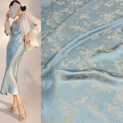 新款人丝涤双色竹叶提花面料 新中式民族风小衫马甲连衣裙布料