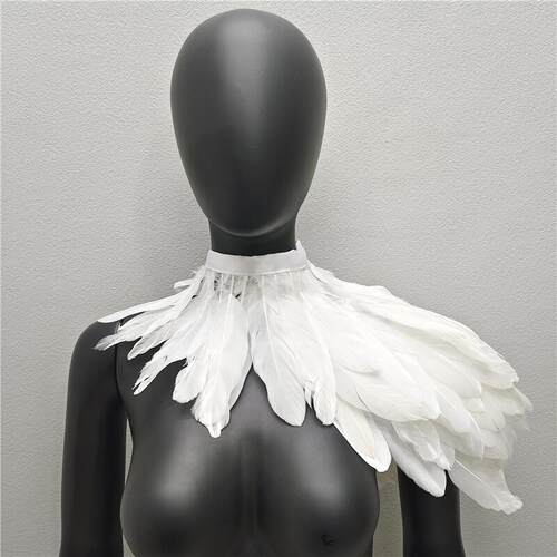 Feather shawl, fake collar, stage runway, makeup, ball
