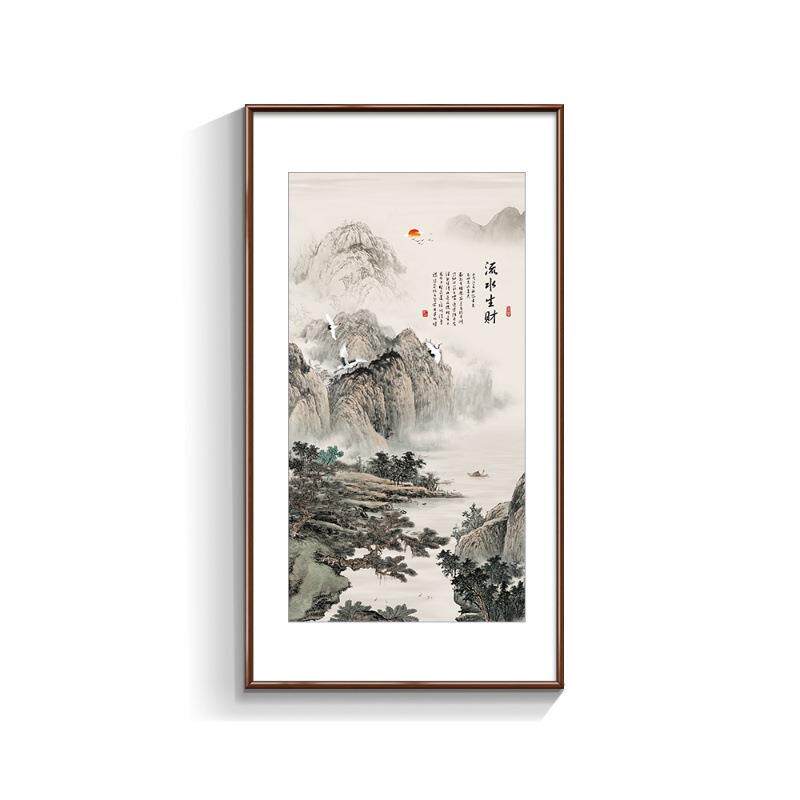 新中式山水画入户玄关挂画国画竖版客厅装饰画流水生财壁画水墨画