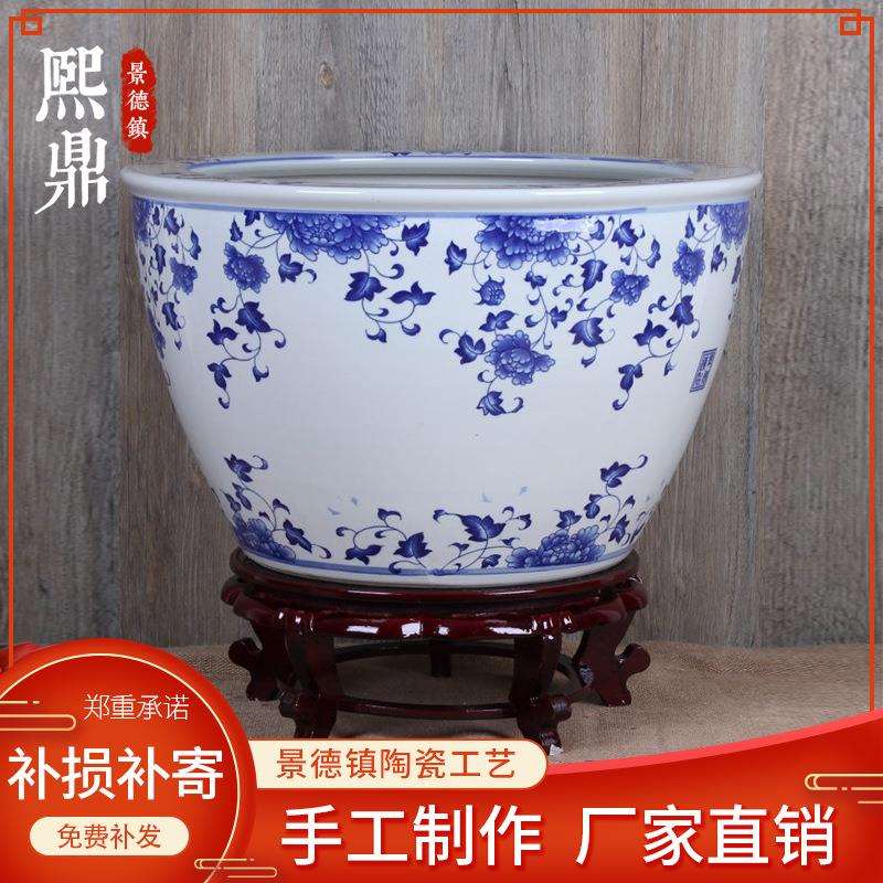 景德镇陶瓷鱼缸 青瓷牡丹花平口陶瓷缸 卷轴书画缸工艺品装饰