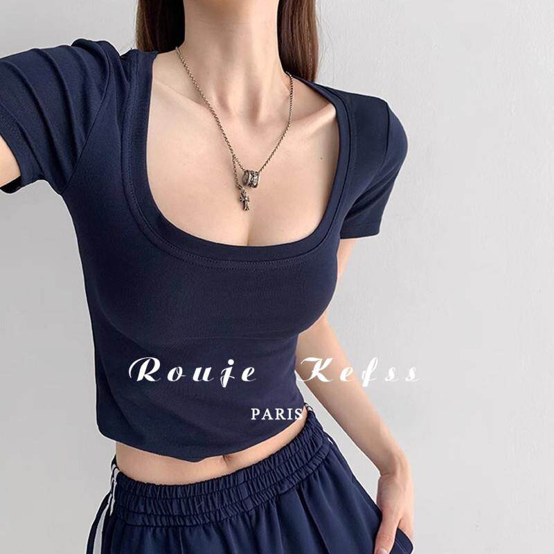 Rouje Kefss紧身大U领露锁骨打底上衣显瘦露脐短款正肩短袖T恤女