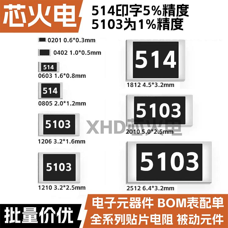 510K R 贴片电阻 丝印:514/5103 精度1% 5% 0402 0603 0805 1206