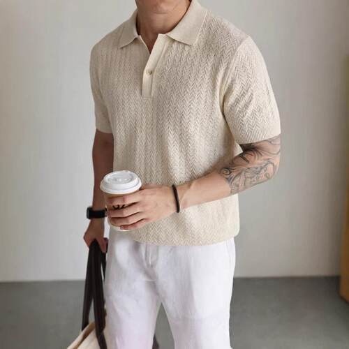 Shirt Casual Knit Fitted Mens Plain Jacquard Polo Shirt,