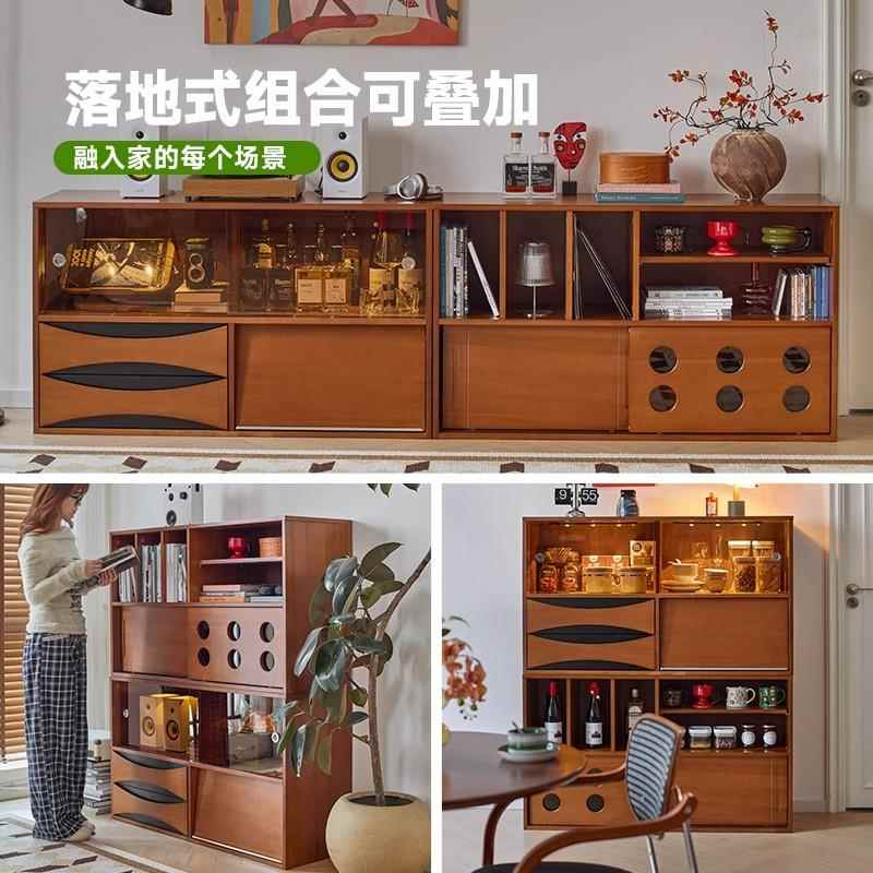 中古风实木模块化组合书柜家用落地展示柜客厅小户型杂志柜置物架