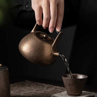 鎏金铁釉侧把壶 日式 手工复古陶瓷功夫茶壶小号家用单壶泡茶器