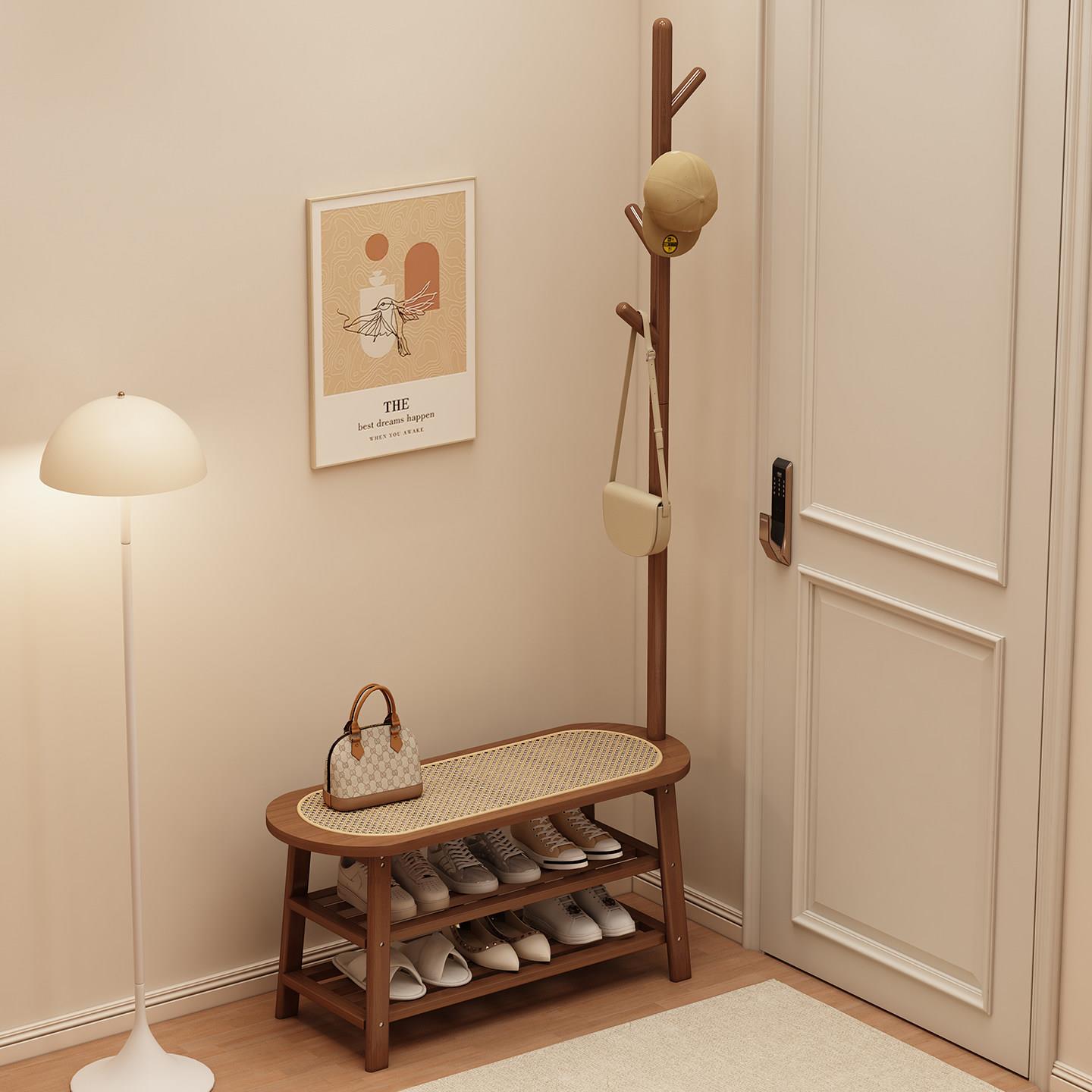 实木藤编换鞋凳挂衣架一体家用门口可坐鞋柜穿鞋凳子入户门衣帽架