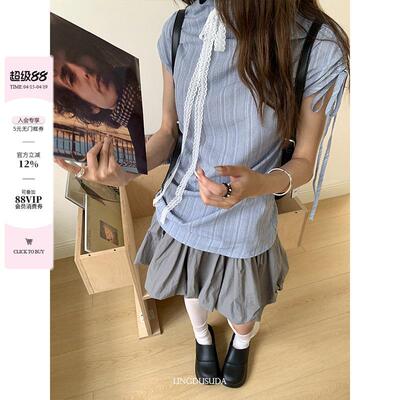 零度苏打 灰色防走光半身裙女夏季高腰显瘦半裙短款小个子花苞裙