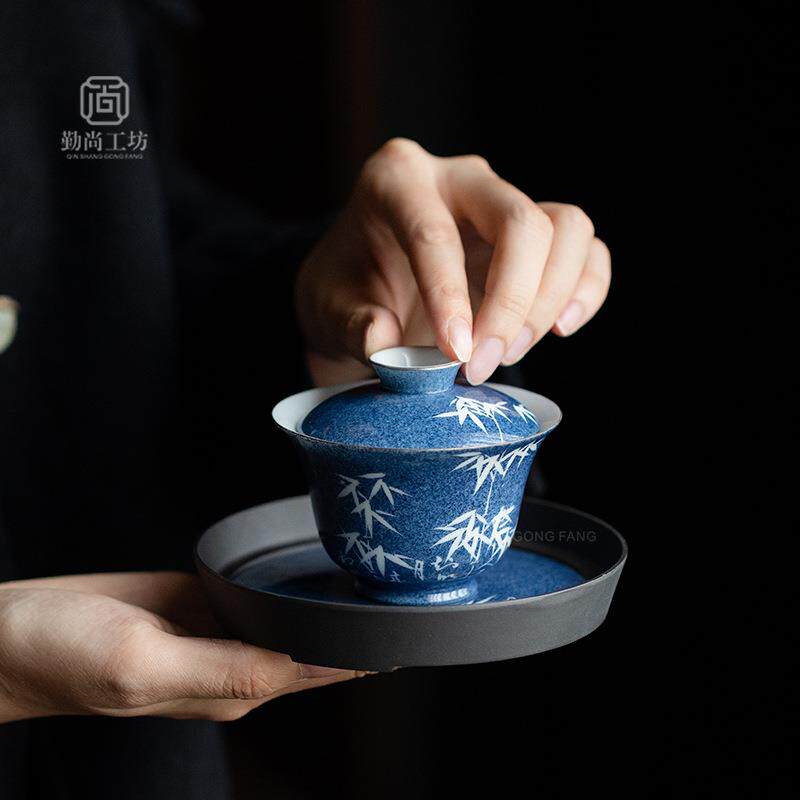 洒蓝手绘文竹壶承陶瓷养壶垫小茶承茶道配件盖碗底托家用水果盘