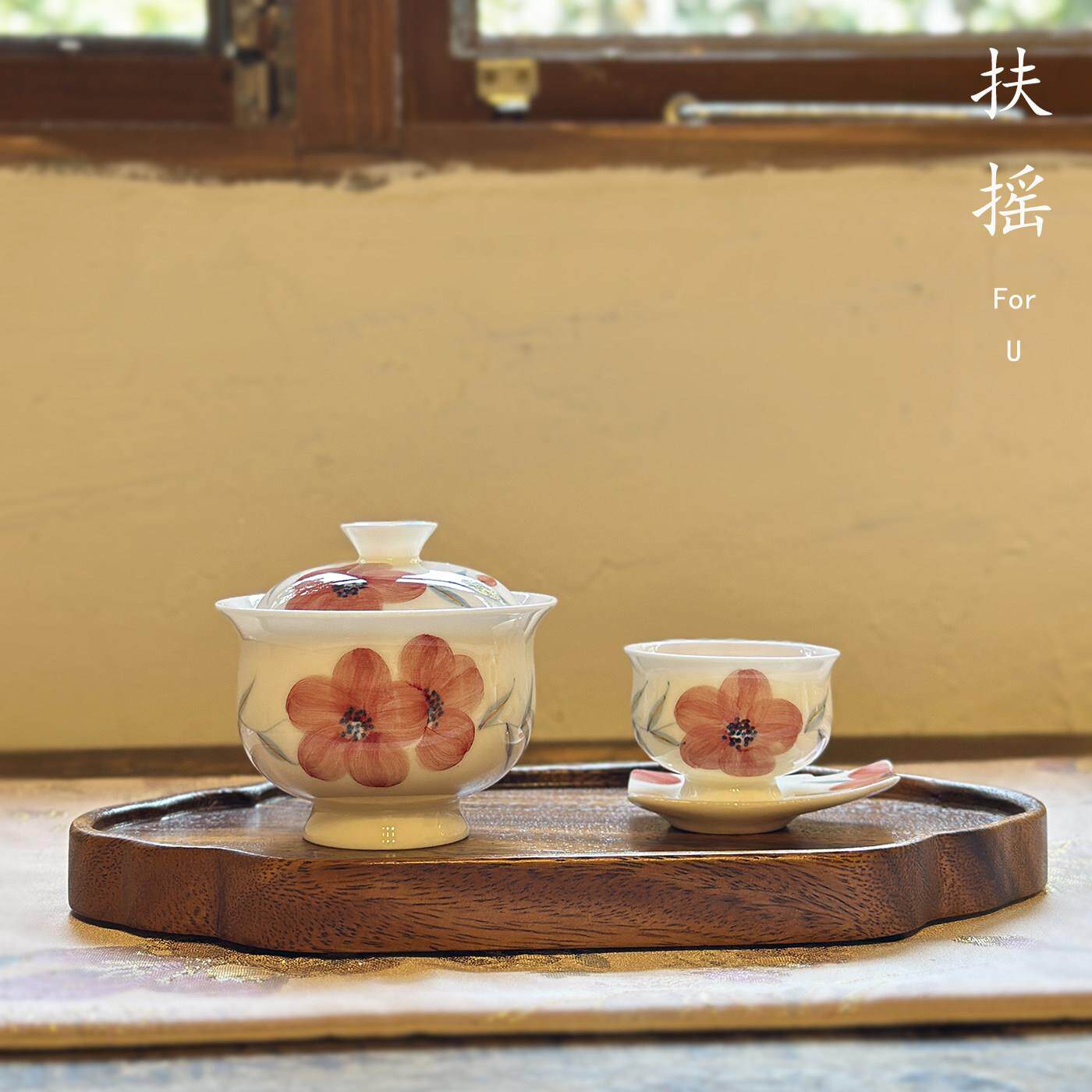 扶摇中式手绘桃花元宝盖碗高温玉泥白瓷粉釉釉下彩防烫三才泡茶碗