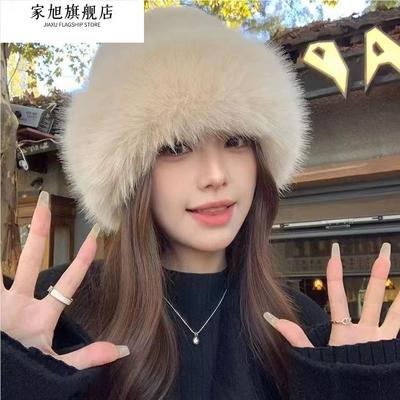 毛绒蒙古帽子女夏春防寒白色保暖东北盆帽护耳帽狐狸毛渔夫帽毛毛