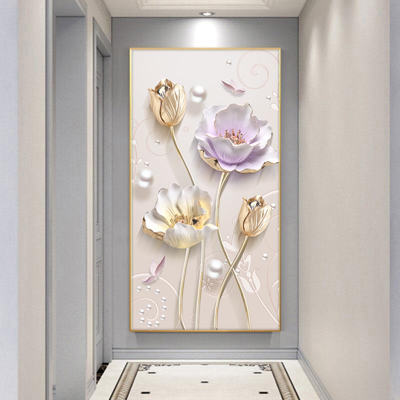 玄关装饰画简约现代过道装饰壁画花卉珍珠竖版新中式轻奢客厅挂画图片