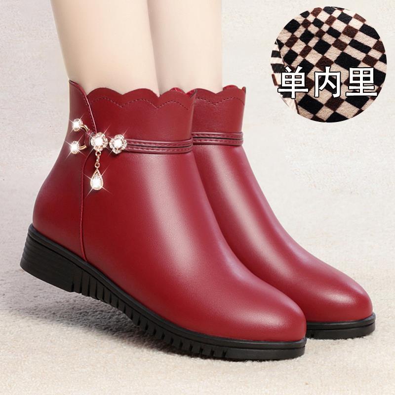 高档妈妈子单靴新子女真皮软底款婆中年皮鞋中跟喜婆加绒中老年鞋