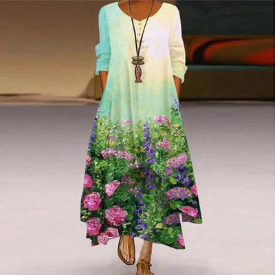 Popular printed long sleeved dress, women's hem long skirt