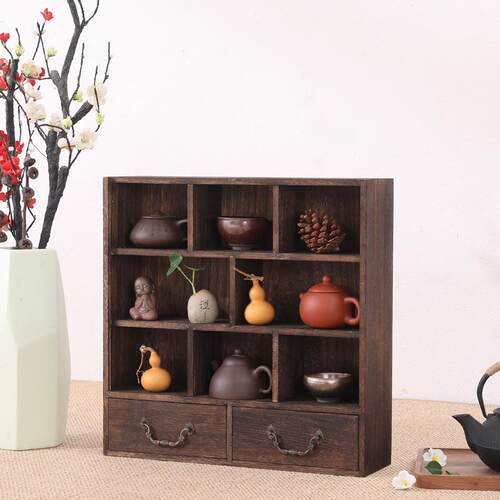 烧桐木 茶具收纳柜 实木茶具架 茶壶茶杯架 小博古架 壁挂多宝格