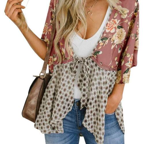Womens Floral Boho Patchwork Kimono Cover Ups Ruffle Short