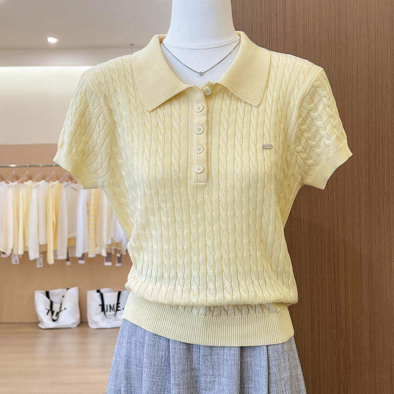 黄色polo领麻花纹短袖针织衫女夏季百搭显瘦翻领t恤休闲套头上衣